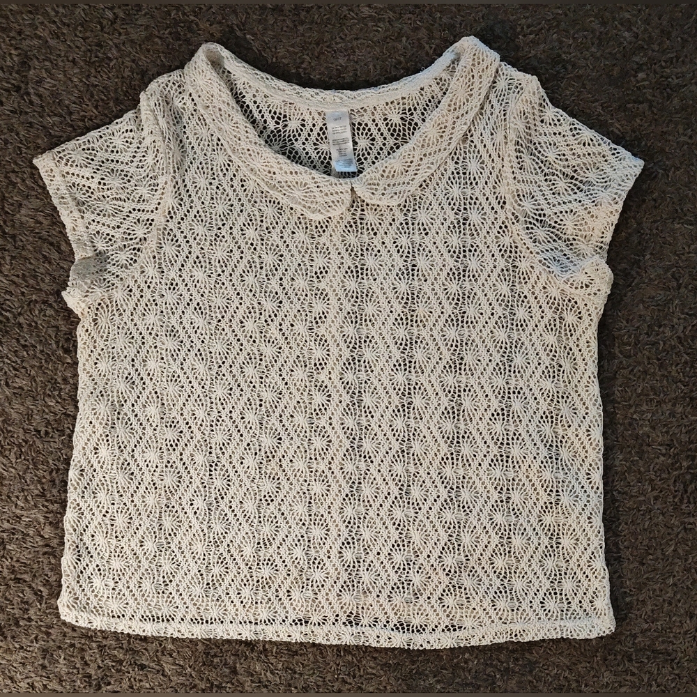 Cream White Crochet Sheer Over Shirt with Peter Pan Collar 1X